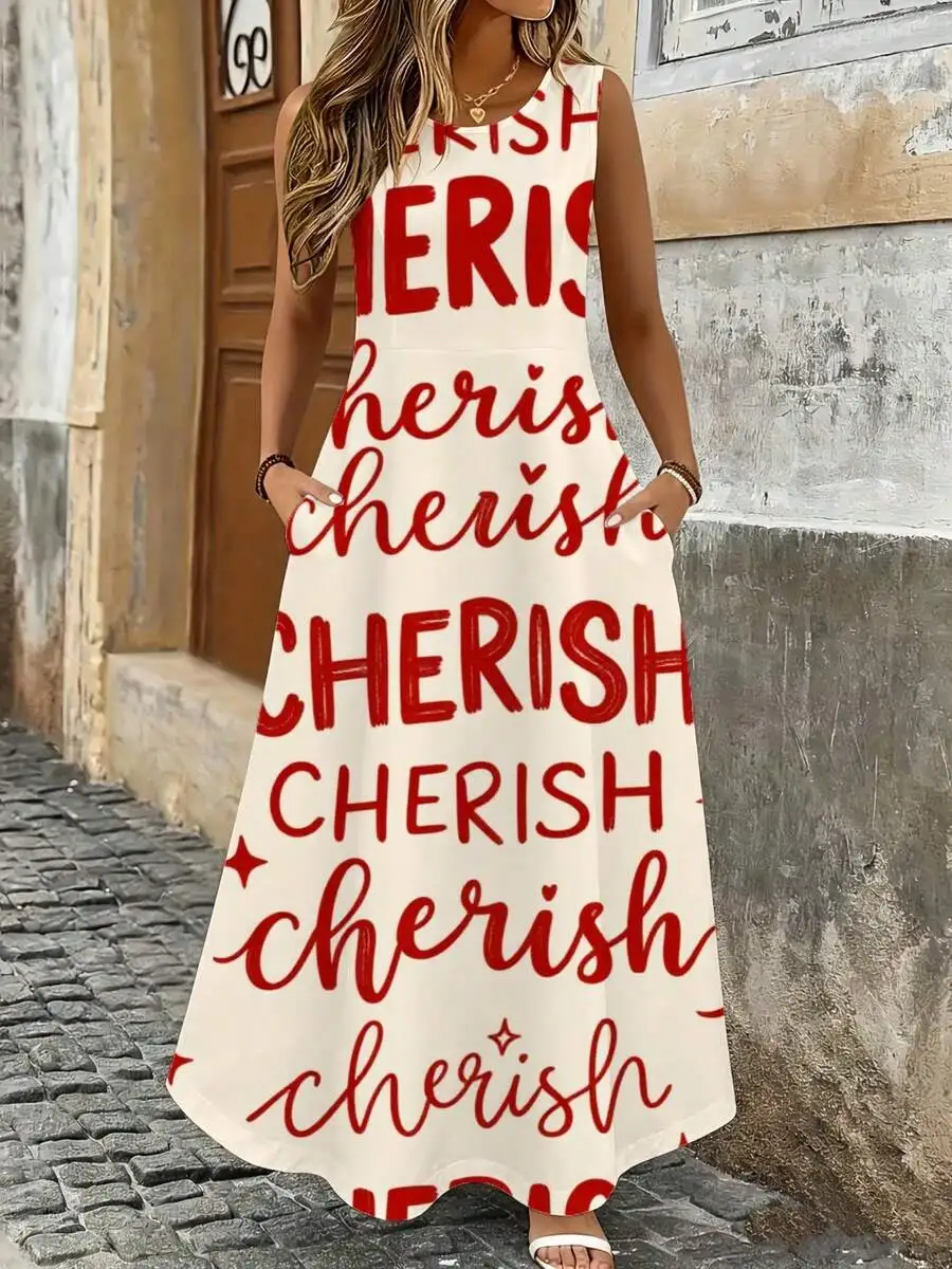 Sleeveless Maxi Dress With Cherish Print Cream Red Lettering Summer Beach Vacation Outfit
Sleeveless Maxi Dress With Cherish Print Cream Red Lettering Summer Beach Vacation Outfit