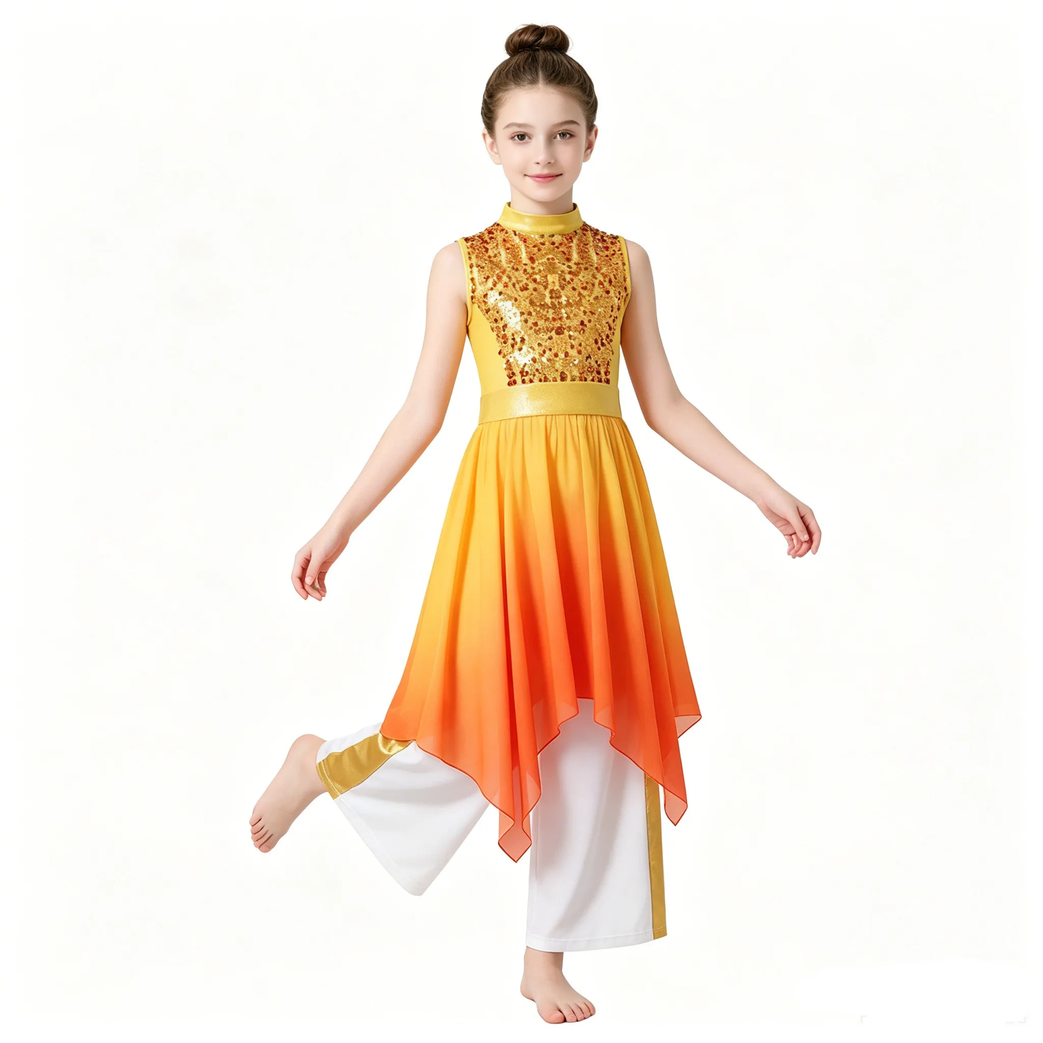 Kids Girls Liturgical Worship Praise Lyrical Dance Outfit Shiny Sequins Tunic Dress with Wide-Leg Pants Church Choir Costume
Kids Girls Liturgical Worship Praise Lyrical Dance Outfit Shiny Sequins Tunic Dress with Wide-Leg Pants Church Choir Costume