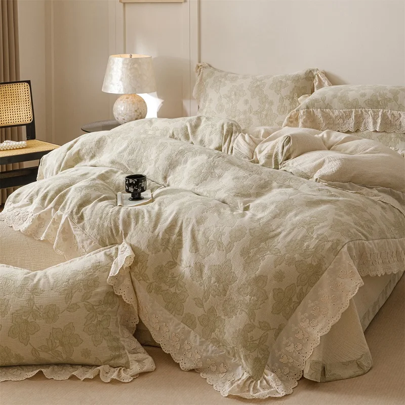 Vintage Jacquard Lace Edge Linen Cotton Bedding Set Queen King Size Duvet Cover Flat/Fitted Bed Sheet Pillowcases 4Pcs
Vintage Jacquard Lace Edge Linen Cotton Bedding Set Queen King Size Duvet Cover Flat/Fitted Bed Sheet Pillowcases 4Pcs
