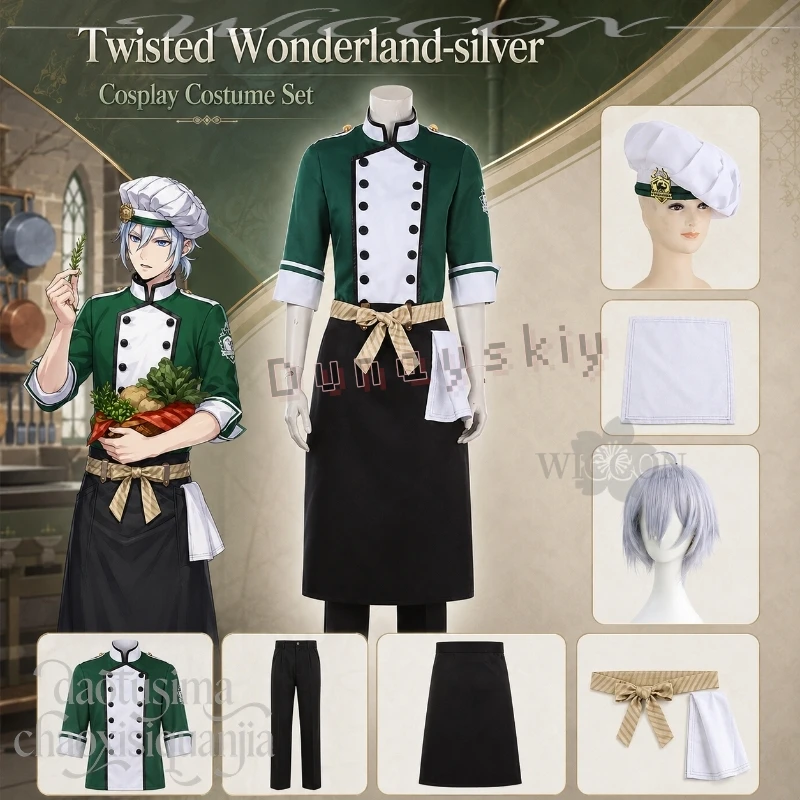 Silver New Outfit Chef's Uniform Kawaii Green Top Hat Apron Wigs Halloween Christmas 코스프레 Anime Game Twisted Wonderland Cosplay
Silver New Outfit Chef's Uniform Kawaii Green Top Hat Apron Wigs Halloween Christmas 코스프레 Anime Game Twisted Wonderland Cosplay