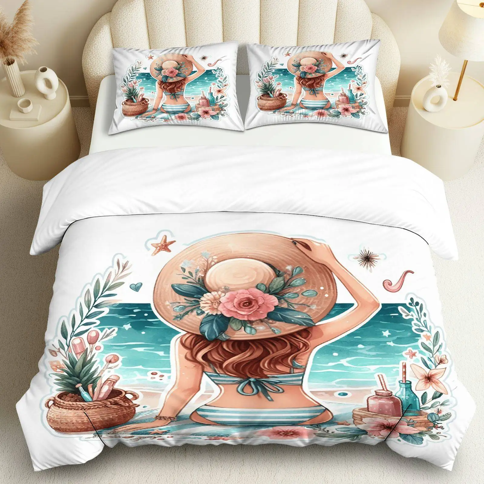 3PCS Duvet Cover, 1 Duvet+2 Pillowcases(Without filler), Beach Woman Summer Theme Suitable for bedroom and guest room.
3PCS Duvet Cover, 1 Duvet+2 Pillowcases(Without filler), Beach Woman Summer Theme Suitable for bedroom and guest room.