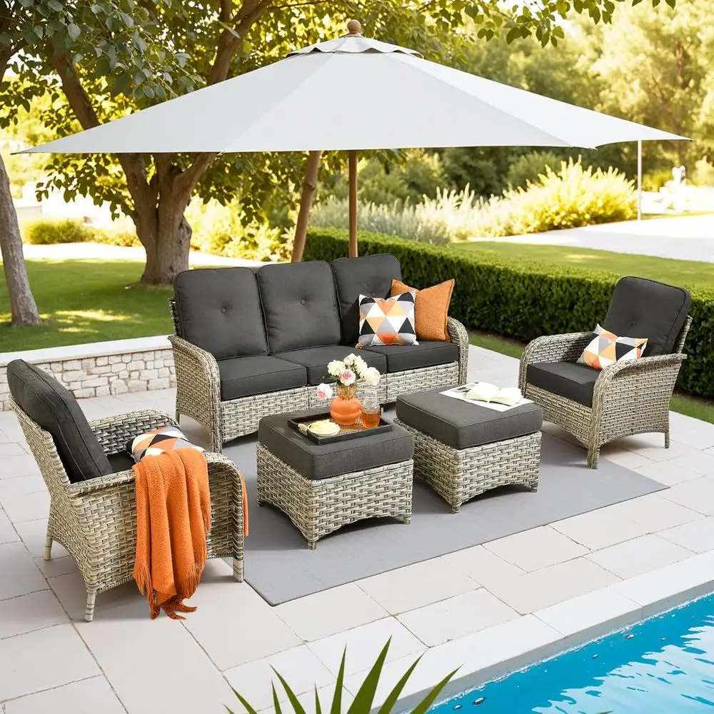 5-Piece Wicker Outdoor Patio Furniture Set with Ottoman, Loveseat and Chair, Ideal for Balcony, Garden, Deck in Black
5-Piece Wicker Outdoor Patio Furniture Set with Ottoman, Loveseat and Chair, Ideal for Balcony, Garden, Deck in Black