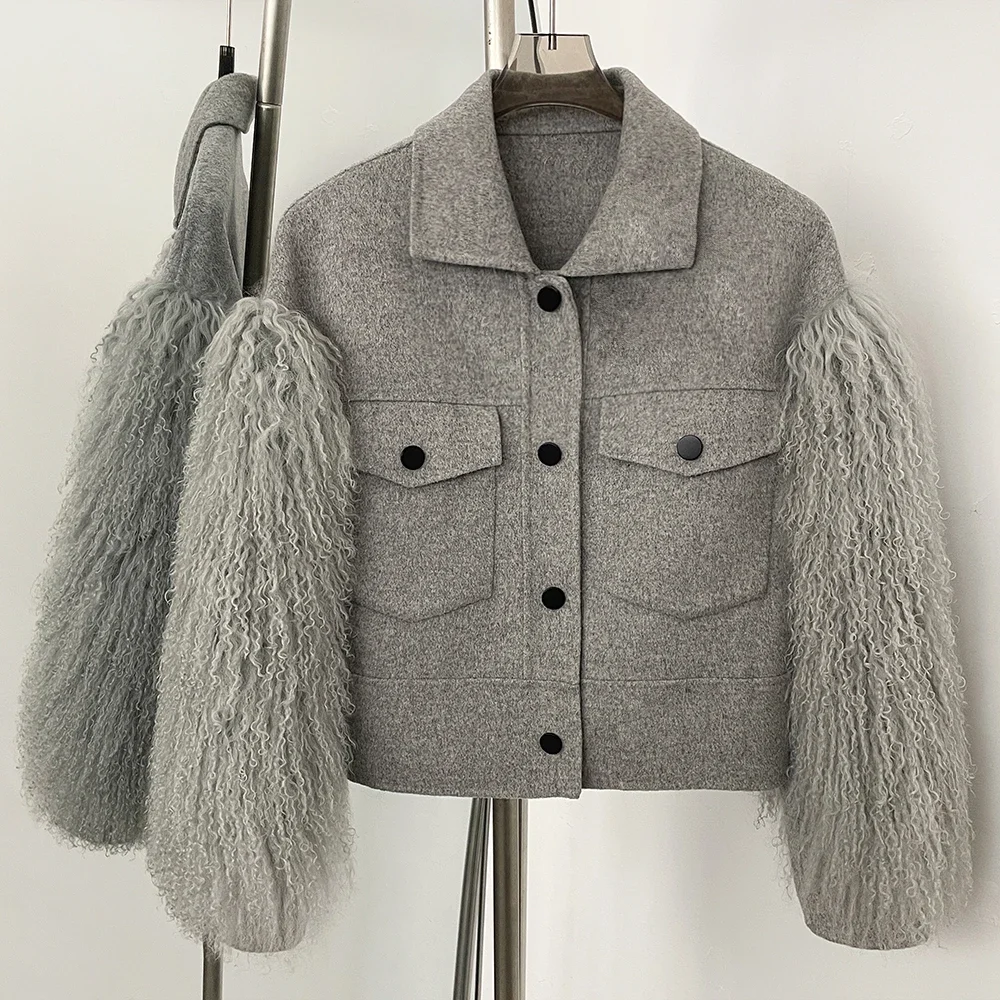 Elegant Woolen Jacket Real Mongolian Fur Collar Pocket Full Sleeves Women Cropped Wool Blend Jacket Outerwear Autumn Wool Coat
Elegant Woolen Jacket Real Mongolian Fur Collar Pocket Full Sleeves Women Cropped Wool Blend Jacket Outerwear Autumn Wool Coat
