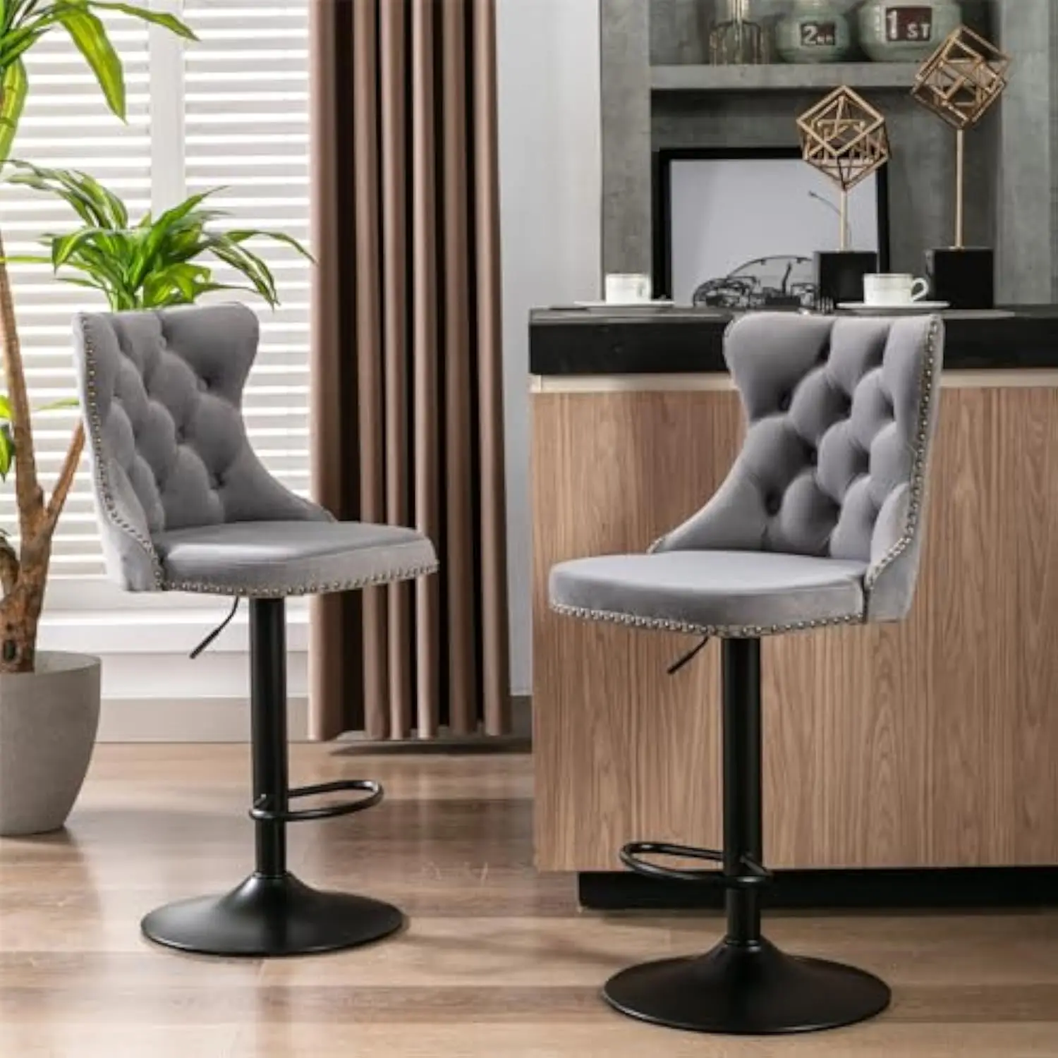 Swivel Velvet Bar Stools Set of 2, Comfy Upholstered Barstools with Tufted Back & Nailhead Trims, 25-33'' Height Adjustable Cou
Swivel Velvet Bar Stools Set of 2, Comfy Upholstered Barstools with Tufted Back & Nailhead Trims, 25-33'' Height Adjustable Cou