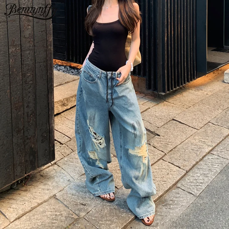 Benuynffy American Retro High Street Ripped Baggy Jeans Women's Fashion Y2K High Waist Casual Straight Wide-leg Trousers 2025
Benuynffy American Retro High Street Ripped Baggy Jeans Women's Fashion Y2K High Waist Casual Straight Wide-leg Trousers 2025