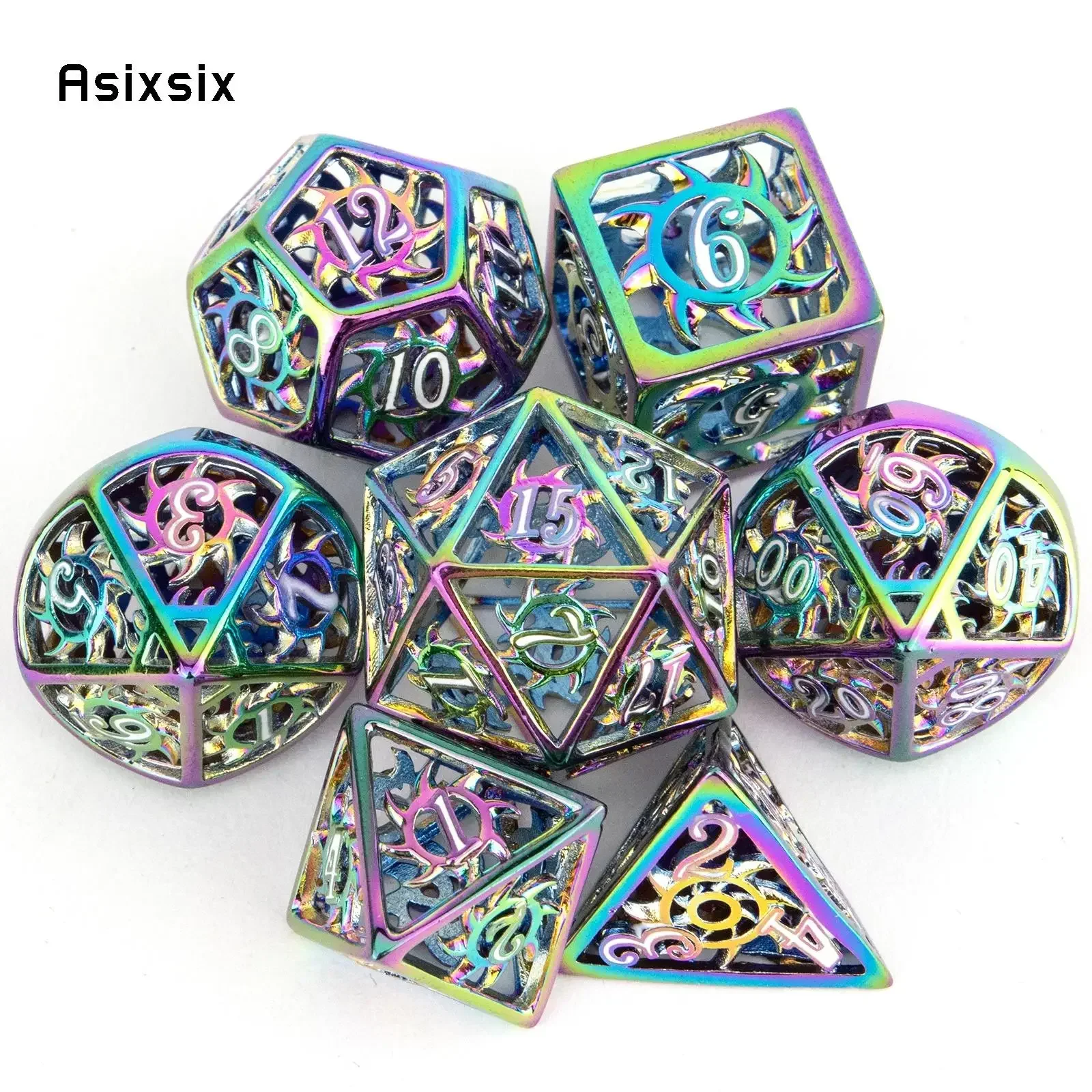 7 Pcs Colorful Rotary Cyclone Metal Dice Hollow Metal Polyhedral Dice Set Suitable For Role-Playing Dice
7 Pcs Colorful Rotary Cyclone Metal Dice Hollow Metal Polyhedral Dice Set Suitable For Role-Playing Dice