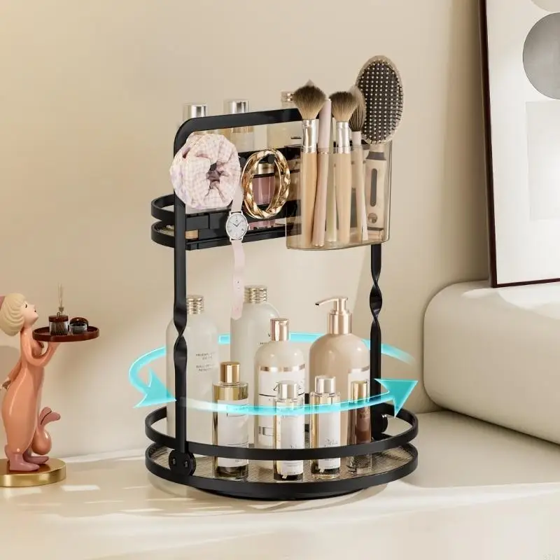 Double Deck Revolving Cosmetic Storage Tray With Brush Stand And Accessory Hangers For Bathroom Organization 87HA
Double Deck Revolving Cosmetic Storage Tray With Brush Stand And Accessory Hangers For Bathroom Organization 87HA