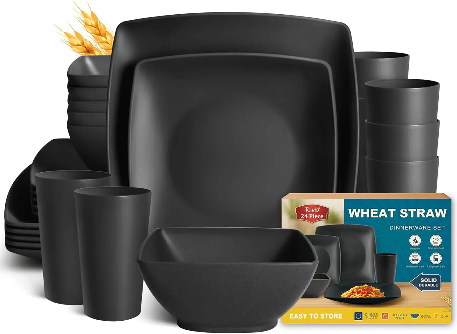 24-piece Plastic Wheat Straw Square Dinnerware Set for 6, Unbreakable Dinner Plates, Salad Plates
24-piece Plastic Wheat Straw Square Dinnerware Set for 6, Unbreakable Dinner Plates, Salad Plates