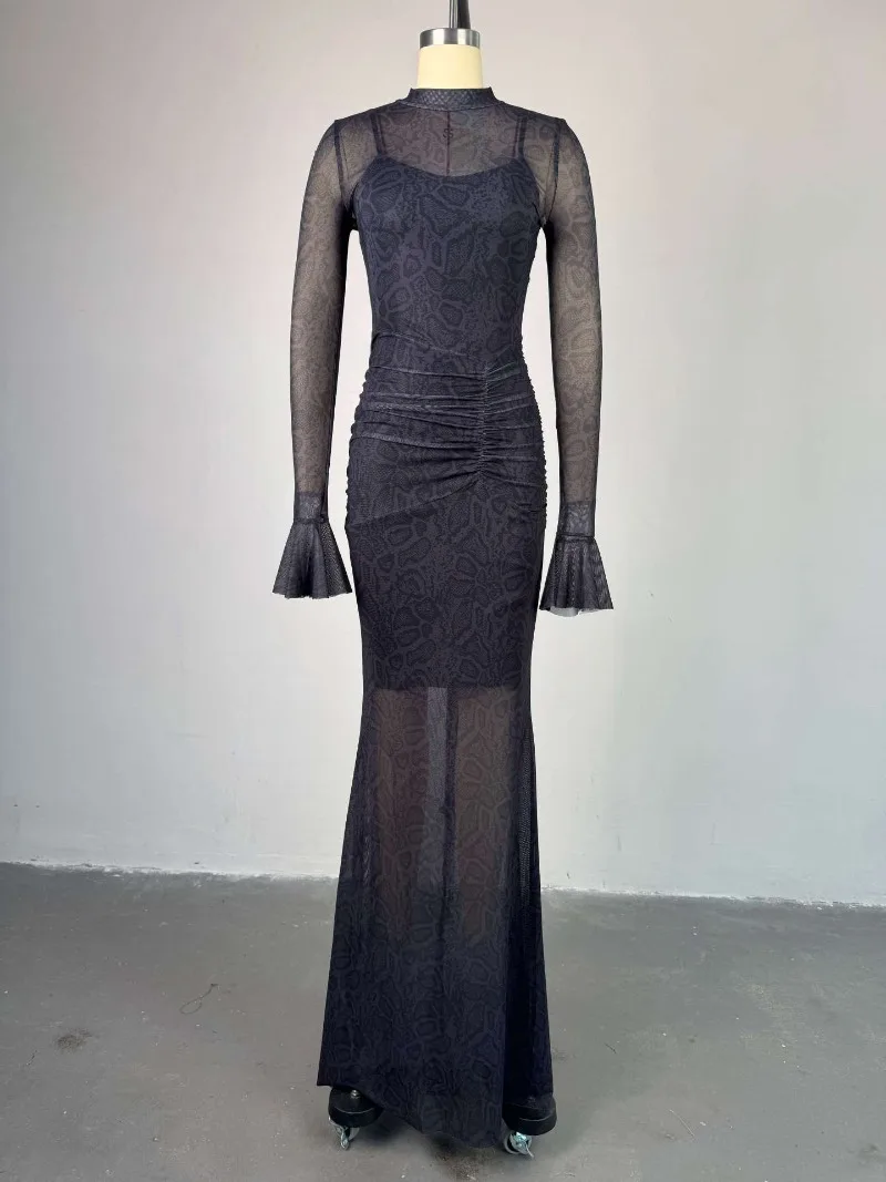 See Through Mesh Serpentine Print Ruched Bodycon Maxi Party Dress with Camisole Lining Women O Neck Flare Full Sleeve Long Robe
See Through Mesh Serpentine Print Ruched Bodycon Maxi Party Dress with Camisole Lining Women O Neck Flare Full Sleeve Long Robe