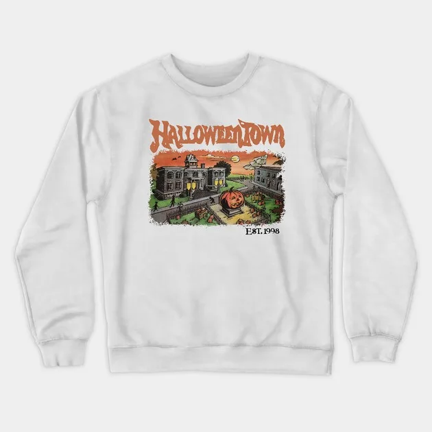 Autumn and Winter Halloweentown Themed Cotton Crew Neck Sweatshirt with Vintage Style Town Scene and EST 1998 Detail
Autumn and Winter Halloweentown Themed Cotton Crew Neck Sweatshirt with Vintage Style Town Scene and EST 1998 Detail