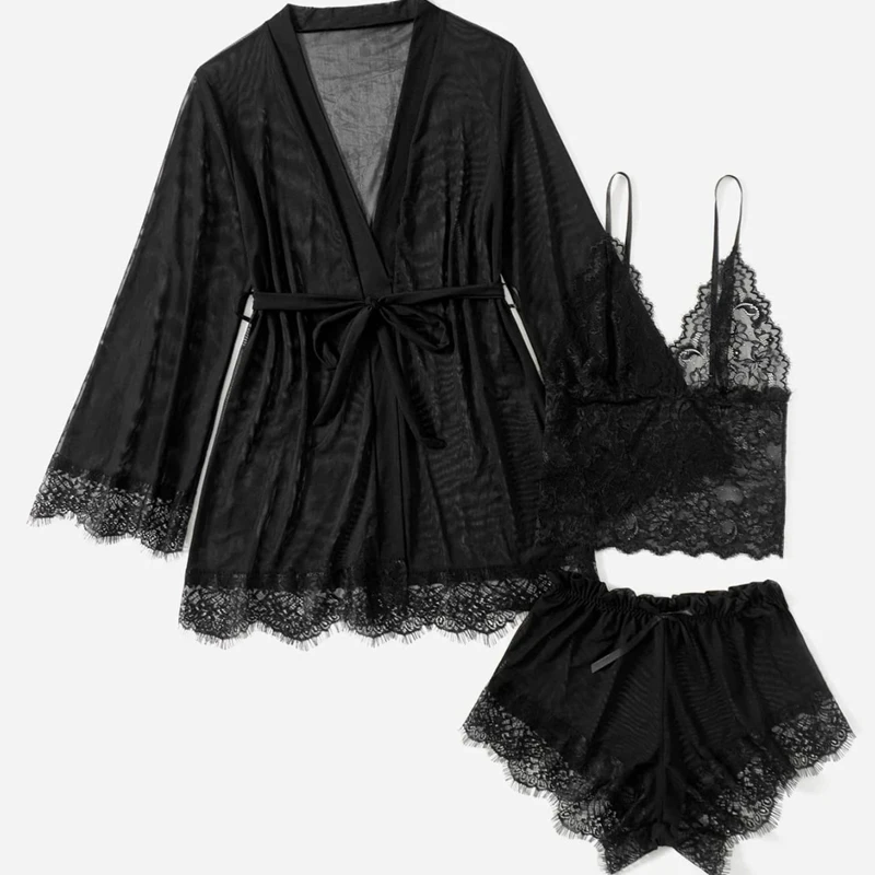 Sexy Mesh 3Pcs Pajama Set Long-Sleeve V-Neck Front Belt Robe See-Through Lingerie Cami Top Shorts Breathable Women's Sleepwear
Sexy Mesh 3Pcs Pajama Set Long-Sleeve V-Neck Front Belt Robe See-Through Lingerie Cami Top Shorts Breathable Women's Sleepwear