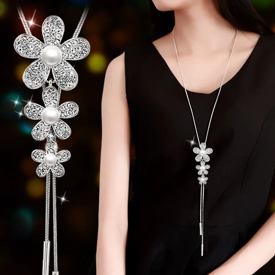 Three Flower Pendant L Necklace Inlaid Faux Pearls Elegant Long Chain Sweater Necklace Sweet Gifts For Friends
Three Flower Pendant L Necklace Inlaid Faux Pearls Elegant Long Chain Sweater Necklace Sweet Gifts For Friends