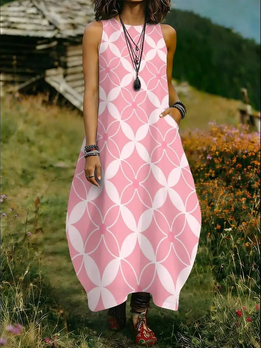 Women Sleeveless Round Neck Pink White Geometric Floral Print Loose Casual Maxi Dress
Women Sleeveless Round Neck Pink White Geometric Floral Print Loose Casual Maxi Dress