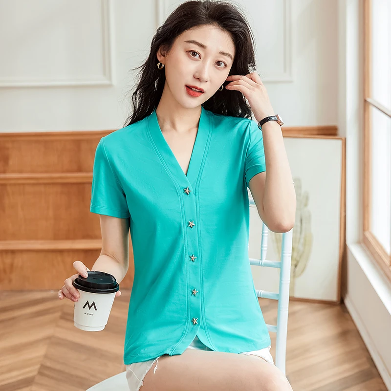 Summer New Short Sleeve Women's Top Solid Cotton Cardigan Slim Fit V-neck Fashion Single Row Button T-shirt
Summer New Short Sleeve Women's Top Solid Cotton Cardigan Slim Fit V-neck Fashion Single Row Button T-shirt