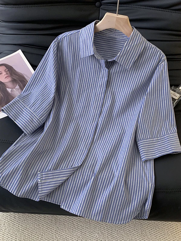 High-End Blue Striped Short Sleeve Women's Shirt Summer Thin Large Size Design Collar Shirt Korean Style Loose Fit Casual Wear
High-End Blue Striped Short Sleeve Women's Shirt Summer Thin Large Size Design Collar Shirt Korean Style Loose Fit Casual Wear
