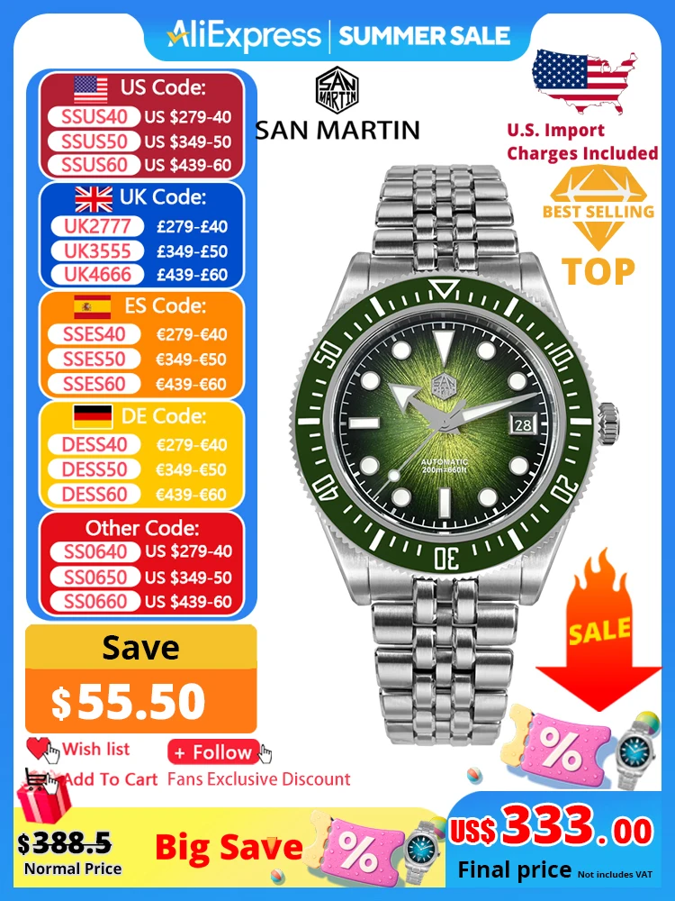 San Martin 40mm Men's Luxury Diver Watch Miyota 9015 Enamel Sunburst Dial Automatic Mechanical Wristwatch Waterproof 200m SN0148
San Martin 40mm Men's Luxury Diver Watch Miyota 9015 Enamel Sunburst Dial Automatic Mechanical Wristwatch Waterproof 200m SN0148