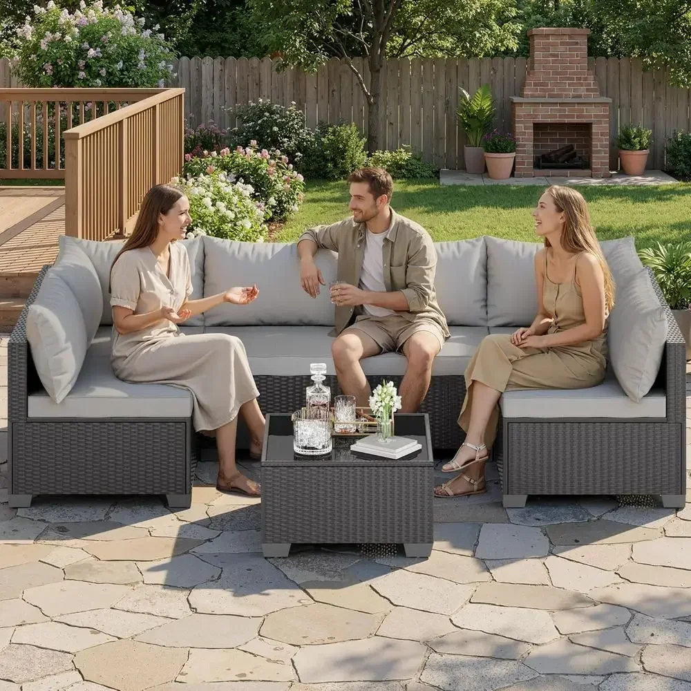 7-Piece Outdoor Sectional Wicker Rattan Furniture Set with Cushions and Glass Table for Patio, Porch, Poolside, and Backyard Rel
7-Piece Outdoor Sectional Wicker Rattan Furniture Set with Cushions and Glass Table for Patio, Porch, Poolside, and Backyard Rel