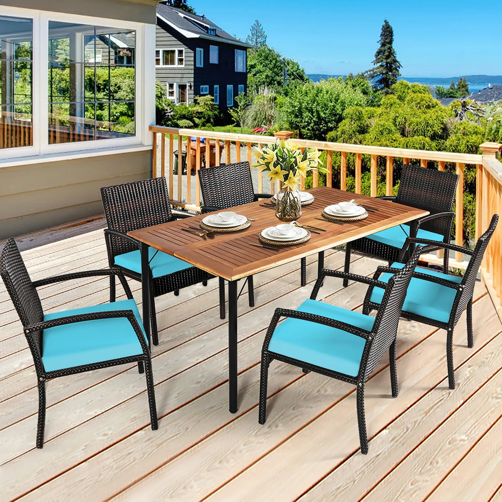 7PCS Patio Dining Furniture Set Yard w/ Wooden Tabletop Turquoise Cushions
7PCS Patio Dining Furniture Set Yard w/ Wooden Tabletop Turquoise Cushions