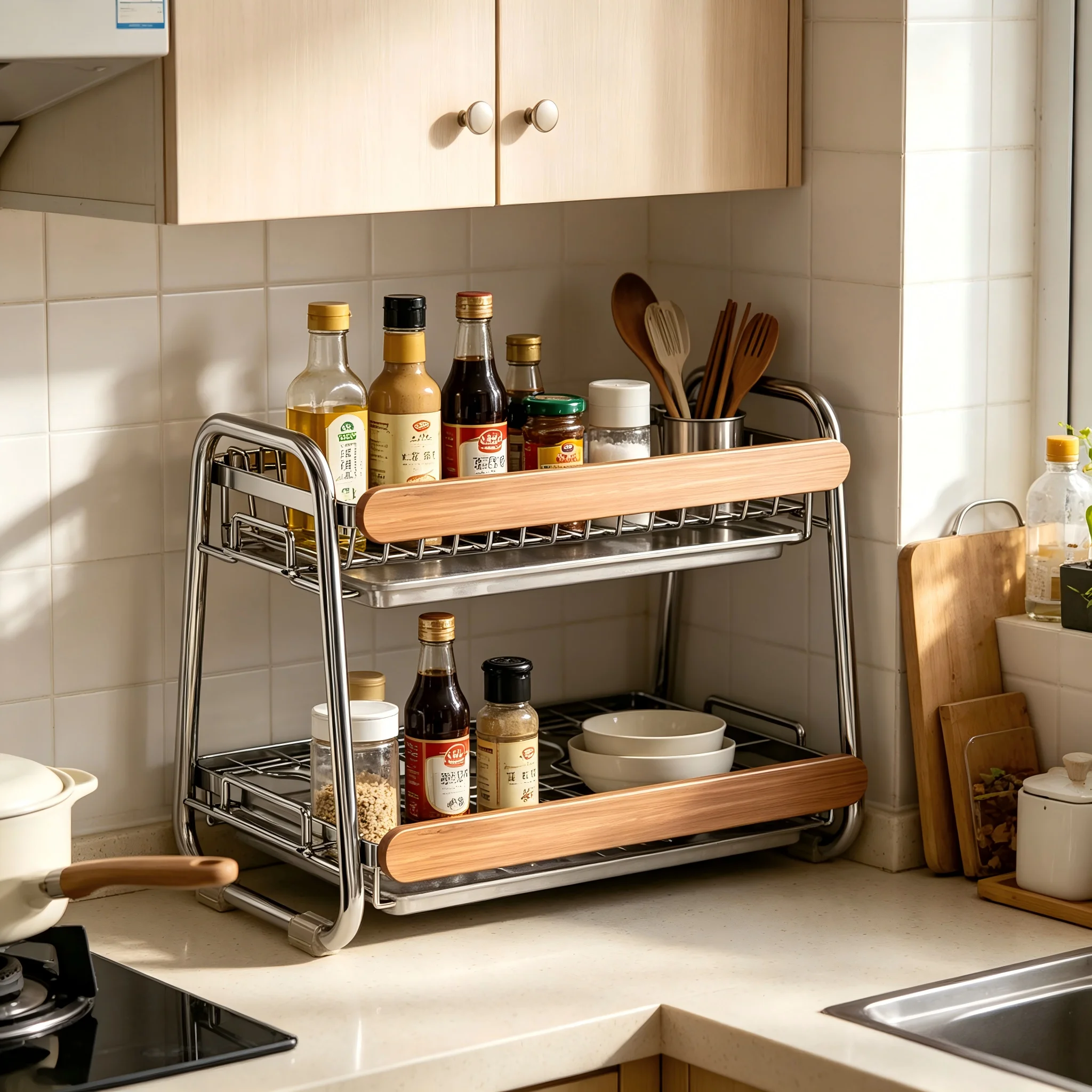 2-Tier 304 Stainless Steel Dish Drying Rack Retro Wood Handle Kitchen Countertop Dish Rack with Drainboard for Plates Bowls Uten
2-Tier 304 Stainless Steel Dish Drying Rack Retro Wood Handle Kitchen Countertop Dish Rack with Drainboard for Plates Bowls Uten