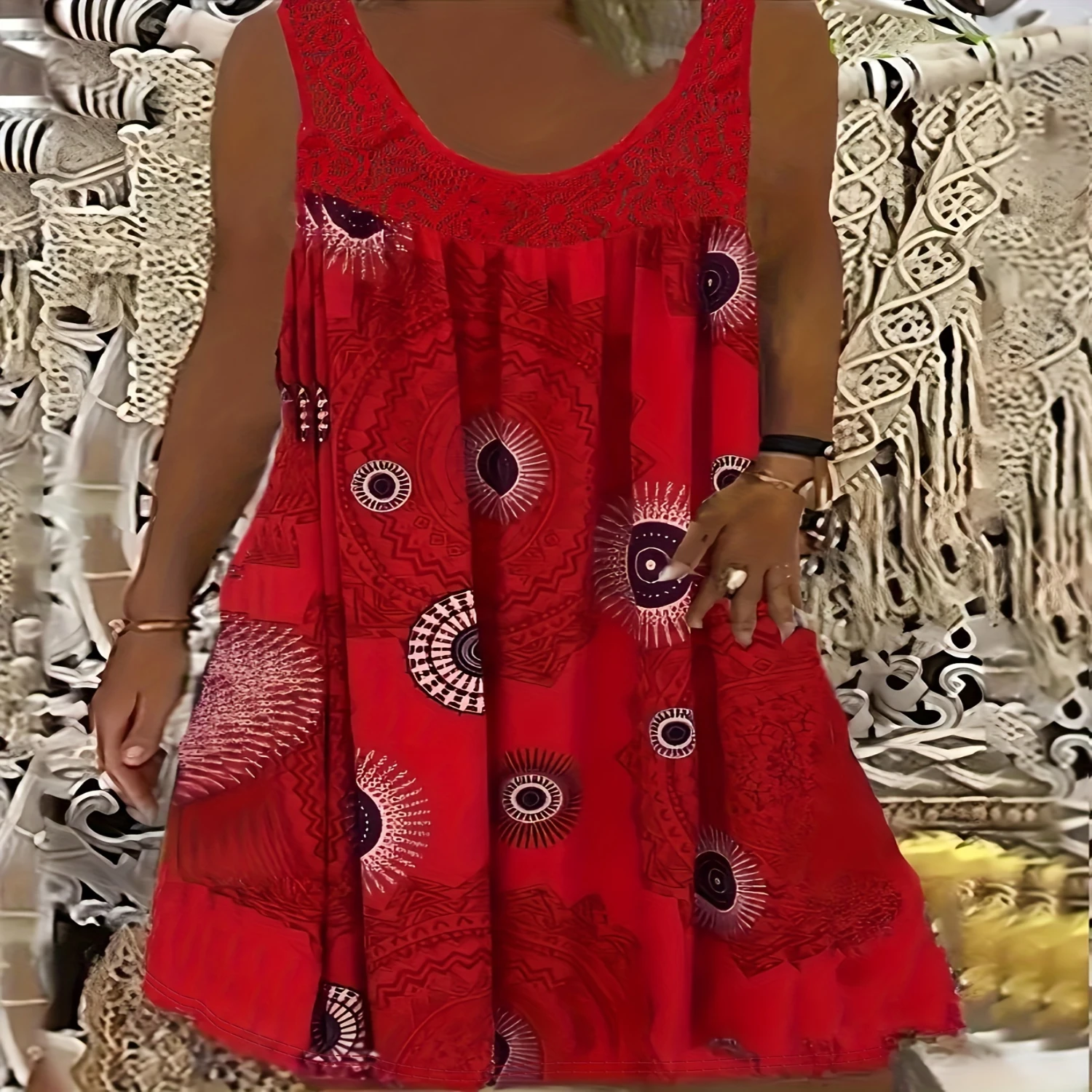Plus Size Eyelet-Embroidered Tank Dress - Sleeveless, Geometric Print, Vacation-Ready with Contrast Lace, All-Season Comfort
Plus Size Eyelet-Embroidered Tank Dress - Sleeveless, Geometric Print, Vacation-Ready with Contrast Lace, All-Season Comfort