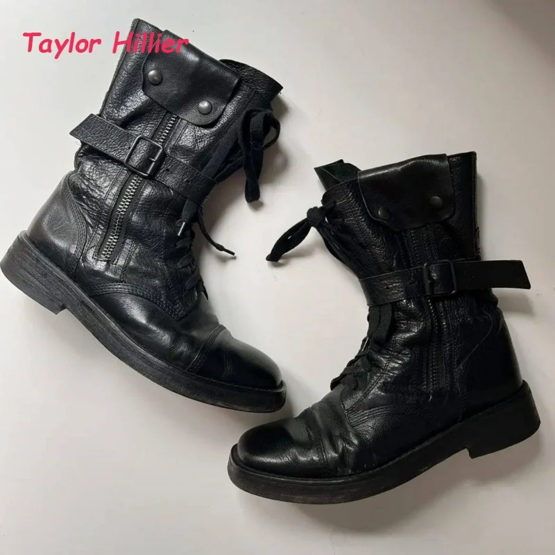 Motorcycle Harness Buckle Punk Boots Black Combat Boots Men's and Women's Retro Mid Calf Side Zipper Lace Up Boots Work Shoes
Motorcycle Harness Buckle Punk Boots Black Combat Boots Men's and Women's Retro Mid Calf Side Zipper Lace Up Boots Work Shoes