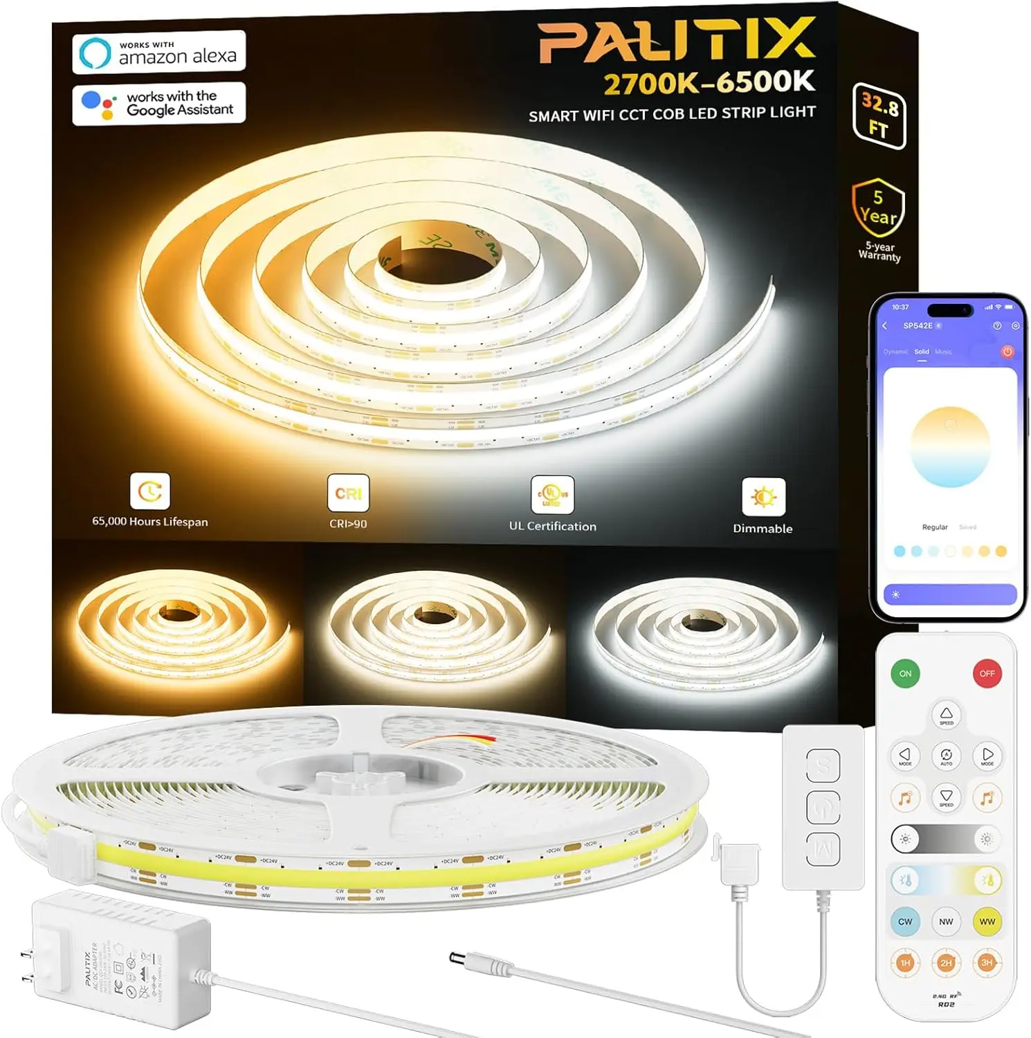 Tunable White COB LED Strip Light 32.8ft Dimmable 2700K-6500K Alexa Google Voice Control Kit
Tunable White COB LED Strip Light 32.8ft Dimmable 2700K-6500K Alexa Google Voice Control Kit