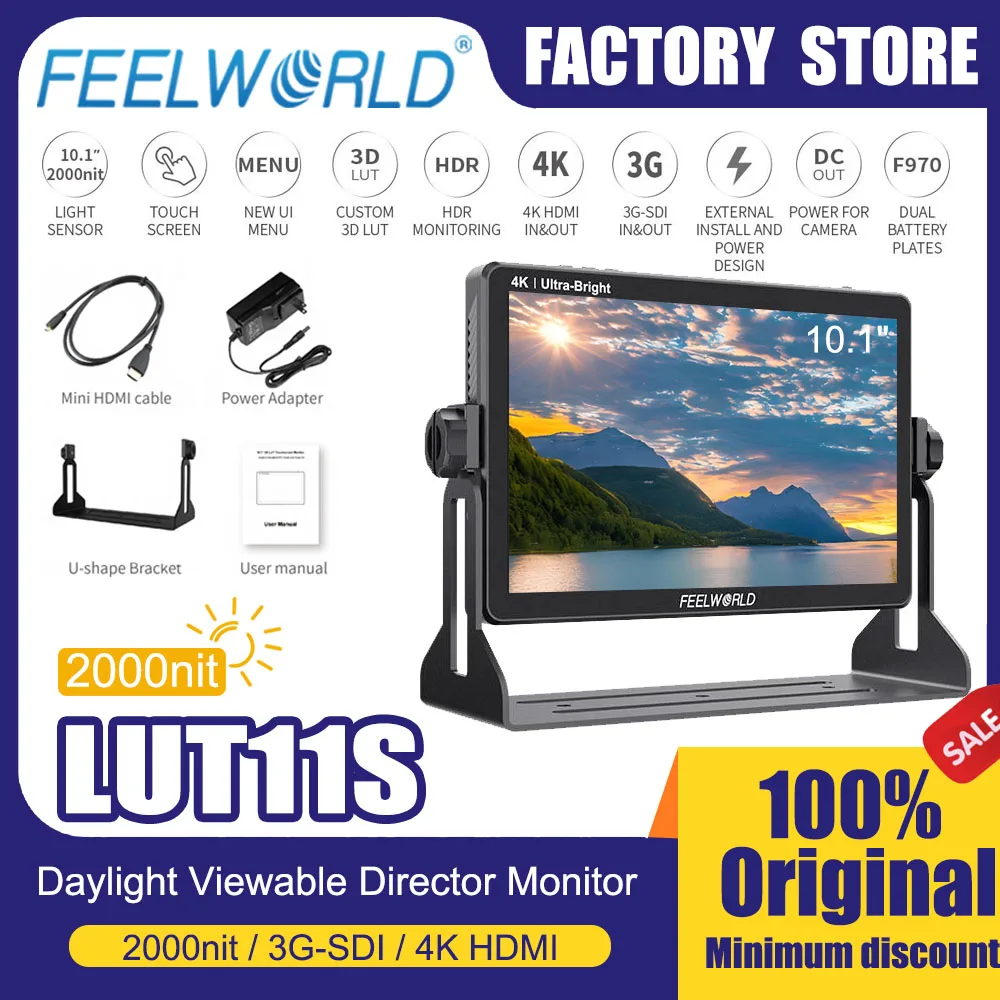 Feelworld 10.1 inch Camera Field Monitor LUT11S High Bright 2000Nit Touch Screen DSLR 3G-SDI 4K HDMI Input Output IPS Panel
Feelworld 10.1 inch Camera Field Monitor LUT11S High Bright 2000Nit Touch Screen DSLR 3G-SDI 4K HDMI Input Output IPS Panel