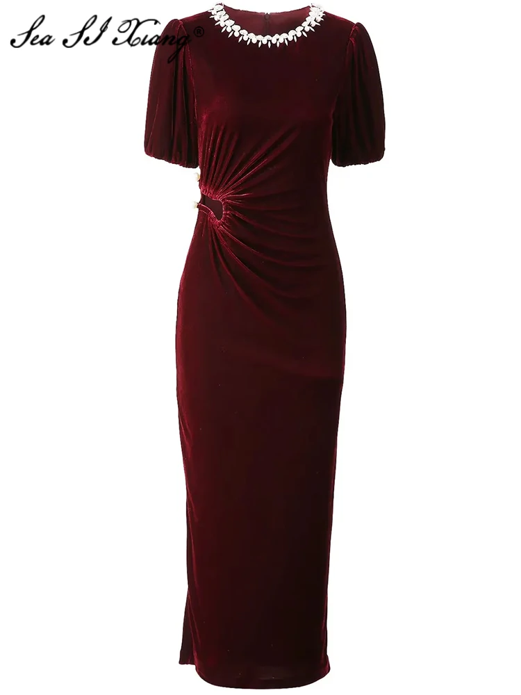 Seasixiang Crystal Beading Velvet Dress Women's O-Neck Puff Sleeve Vintage Party Pencil Dresses Fashion Designer Autumn
Seasixiang Crystal Beading Velvet Dress Women's O-Neck Puff Sleeve Vintage Party Pencil Dresses Fashion Designer Autumn
