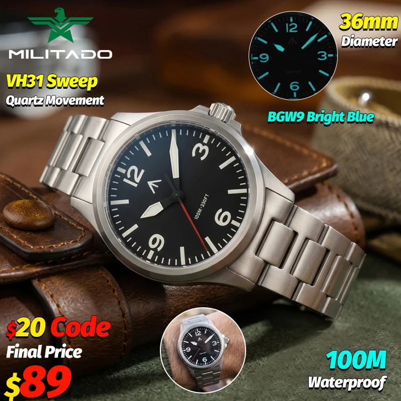 Militado ML18 Mens Field Watch Black Red Seconds 36Mm VH31 Sweep Quartz Watches Sapphire Mirror 100M Waterproof BGW9 Luminous
Militado ML18 Mens Field Watch Black Red Seconds 36Mm VH31 Sweep Quartz Watches Sapphire Mirror 100M Waterproof BGW9 Luminous