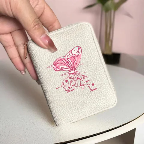 Ladies Short Multi-Slot ID Credit Card Storage Pouch Casual Fashion PU Leather Wallet with Double Zipper And Butterfly Print