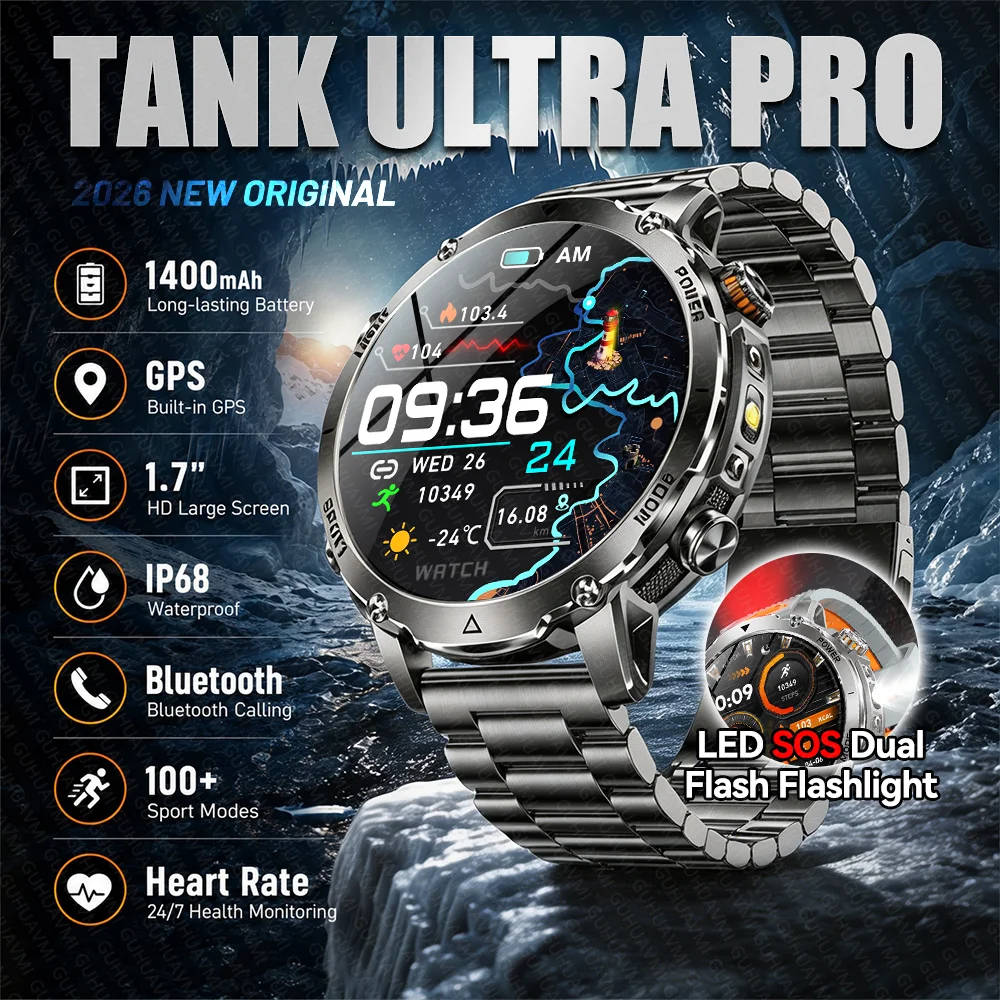 New TANK Ultra Pro Men Smart Watch Outdoor 1400mAh Battery Flashlight GPS IP68 Waterproof BT Call Heart Rate Sports Smartwatch
New TANK Ultra Pro Men Smart Watch Outdoor 1400mAh Battery Flashlight GPS IP68 Waterproof BT Call Heart Rate Sports Smartwatch