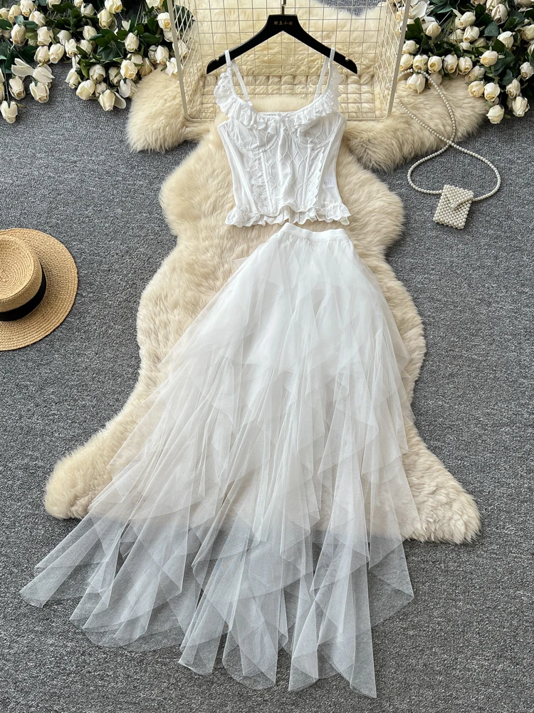 Breathable Lace Halter Neck Two-Piece Set Women's Summer Mesh Cake Skirt Fairy Vacation Style Outfit Comfortable High Waist Fit
Breathable Lace Halter Neck Two-Piece Set Women's Summer Mesh Cake Skirt Fairy Vacation Style Outfit Comfortable High Waist Fit