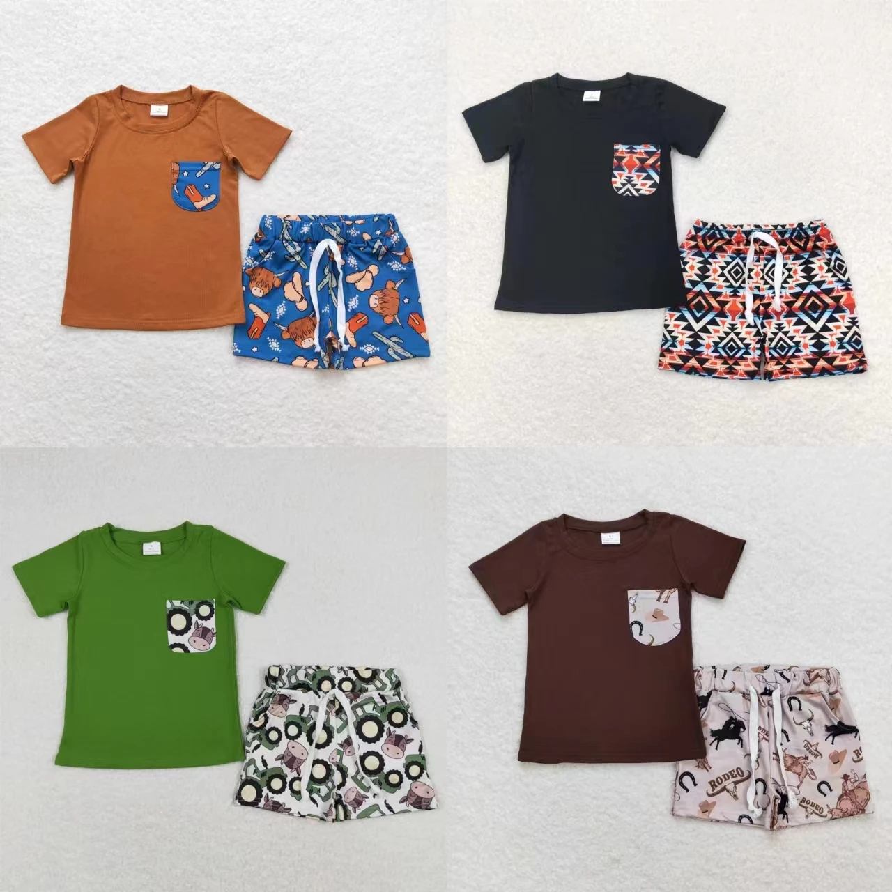 Wholesale Summer Children Short Sleeves Western T-shirts Tee Pocket Shorts Set Cow Horse Tractor Clothes Toddler Baby Boy Outfit
Wholesale Summer Children Short Sleeves Western T-shirts Tee Pocket Shorts Set Cow Horse Tractor Clothes Toddler Baby Boy Outfit