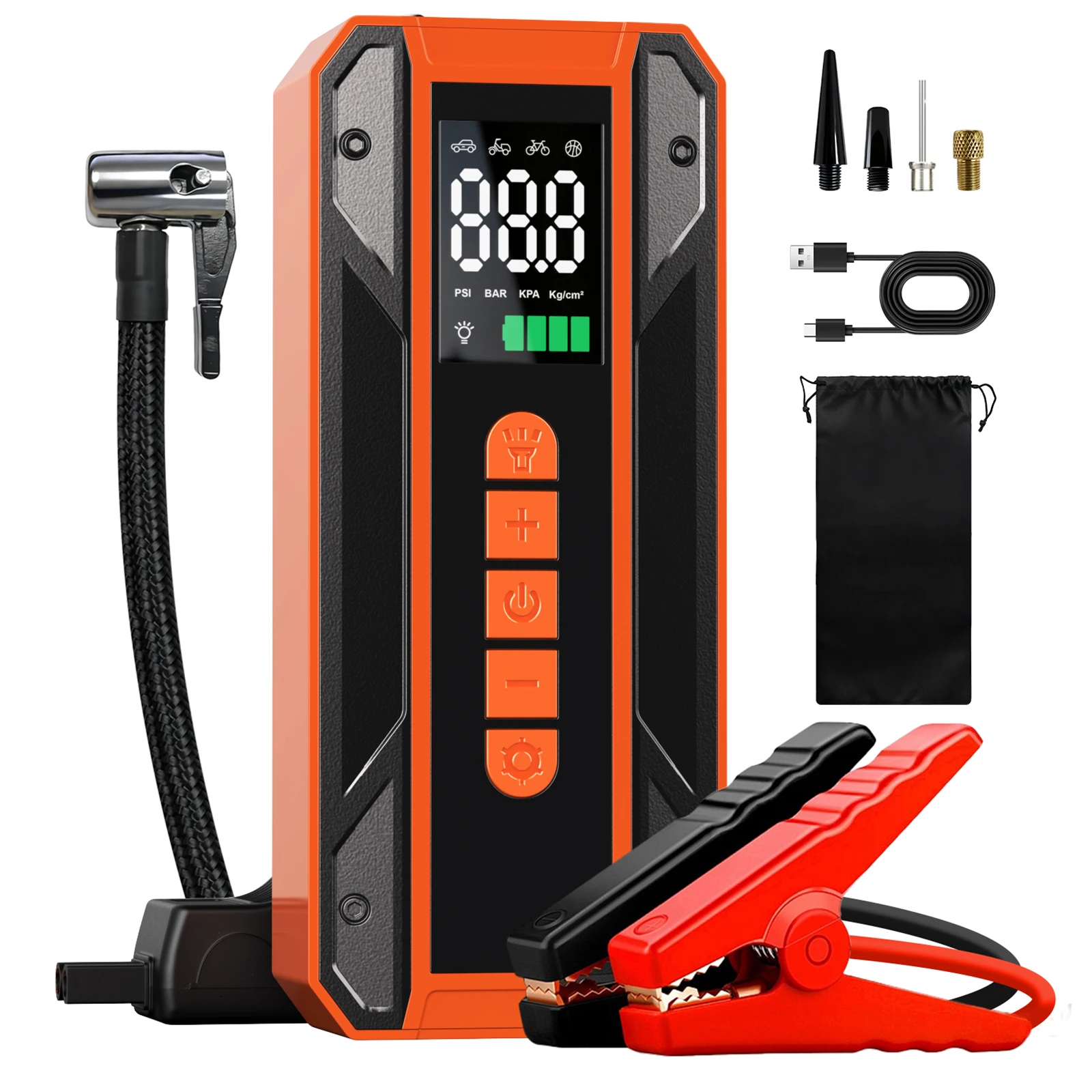 Multi functional car starter portable battery pack with 150PSI tire inflator, LED emergency flashlight and air compressor
Multi functional car starter portable battery pack with 150PSI tire inflator, LED emergency flashlight and air compressor