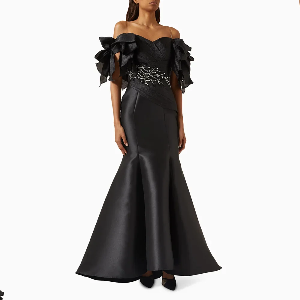 Black Ruffle Satin Mermaid Prom Gowns with Beadings Fashion Pleat Off The Shoulder Evening Dresses Dinner Party Dress Customized
Black Ruffle Satin Mermaid Prom Gowns with Beadings Fashion Pleat Off The Shoulder Evening Dresses Dinner Party Dress Customized