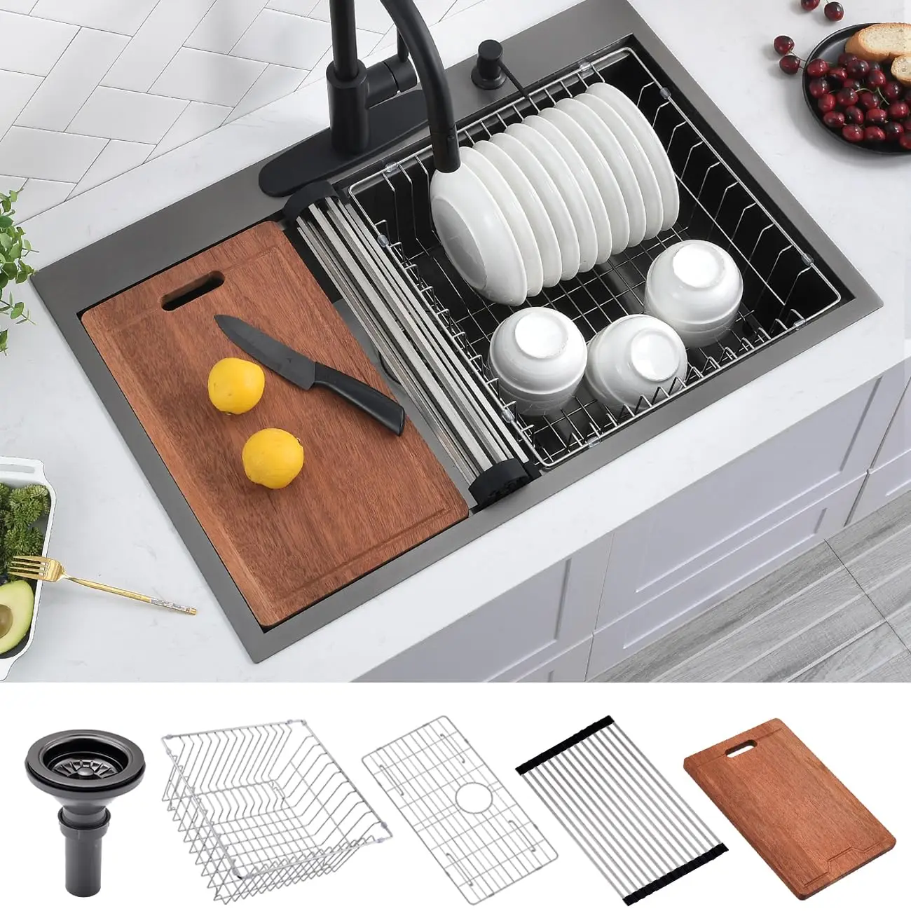 33 Inch Black Stainless Steel Kitchen Sink Workstation With Accessories
33 Inch Black Stainless Steel Kitchen Sink Workstation With Accessories