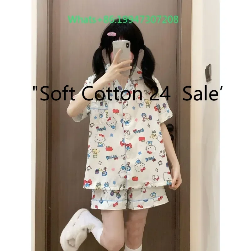 Summer new white lapel cute Hello Kitty pajamas women's short-sleeved shorts cartoon homewear suit outside
Summer new white lapel cute Hello Kitty pajamas women's short-sleeved shorts cartoon homewear suit outside