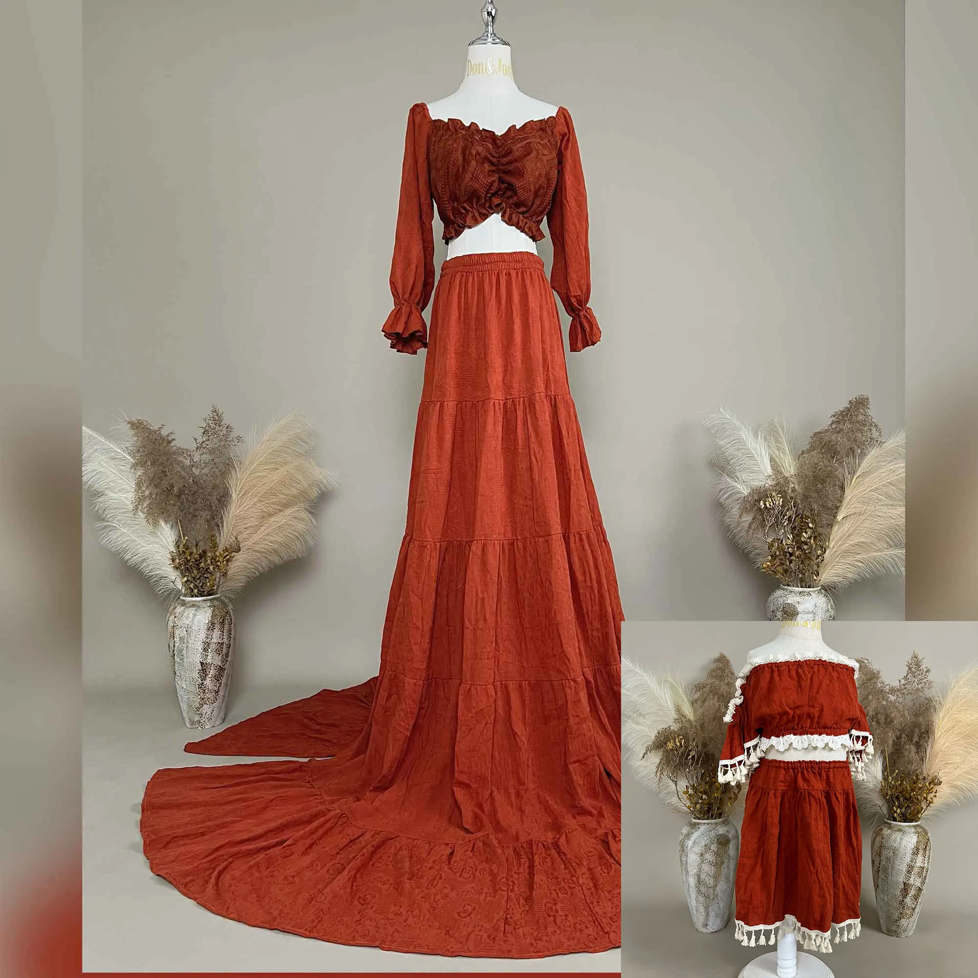 Don&Judy Ruched Long Sleeve Top Tiered Skirt with Lace Tassel Trim for Maternity Photo Terracotta Cotton Linen Two-Piece Dress
Don&Judy Ruched Long Sleeve Top Tiered Skirt with Lace Tassel Trim for Maternity Photo Terracotta Cotton Linen Two-Piece Dress