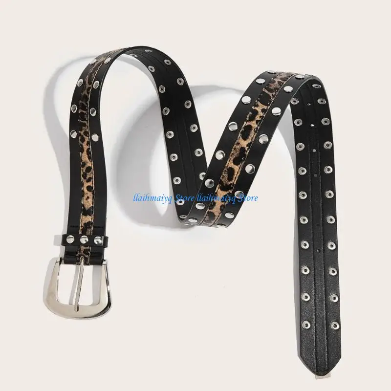 573B Stylish Leopard Print Belt with Double Row Metal Rivets Studs and Metal Pin Buckles for Fashionable Hiphop Dancing Event
573B Stylish Leopard Print Belt with Double Row Metal Rivets Studs and Metal Pin Buckles for Fashionable Hiphop Dancing Event