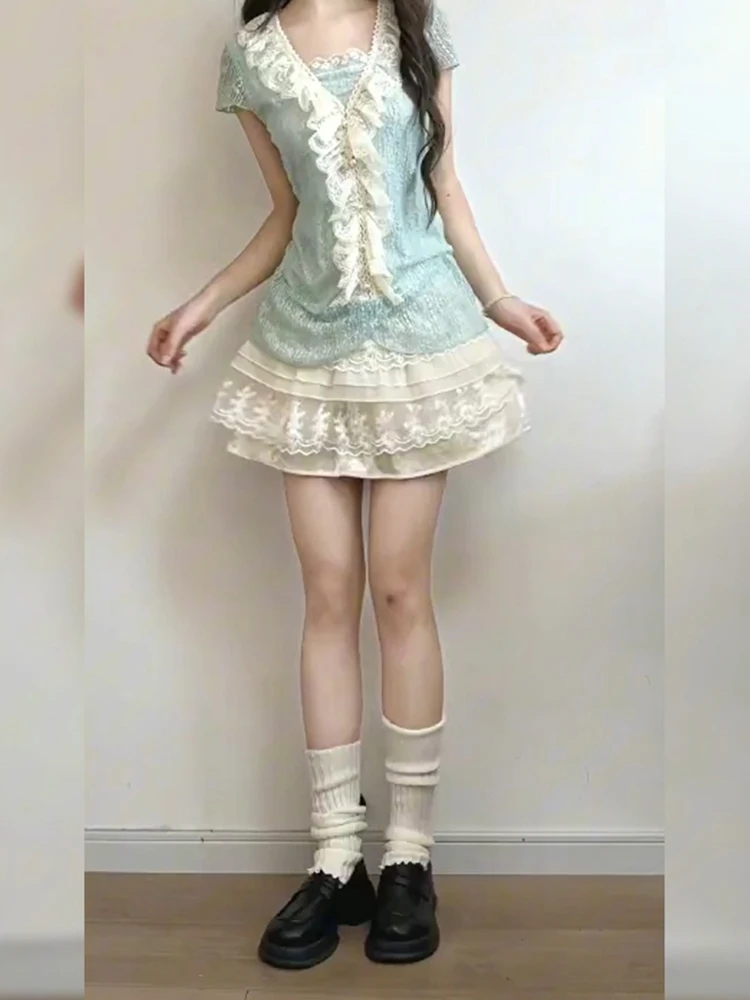 Slimming Japanese Style Lace Splice Cake Short Skirt Two-Piece Set Women's Summer Fashion Ensemble Polyester Fiber Short Sleeve
Slimming Japanese Style Lace Splice Cake Short Skirt Two-Piece Set Women's Summer Fashion Ensemble Polyester Fiber Short Sleeve