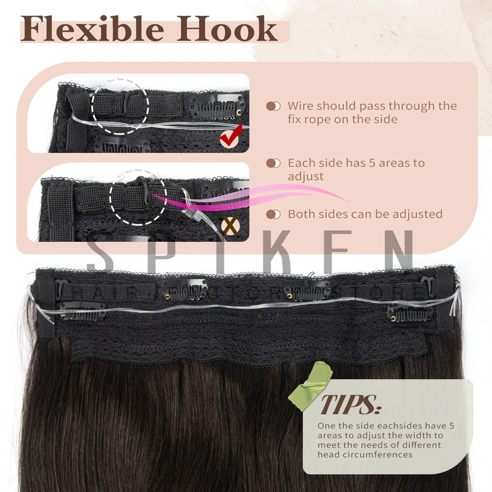 Natural Black Clip In One Piece Human Hair Extensions 60-100g with Adjustable Fish Wire Halo Hair Extensions Flip ins 12''-24'' 4 S4143ec5e01364748a7fea2a935f8195dO