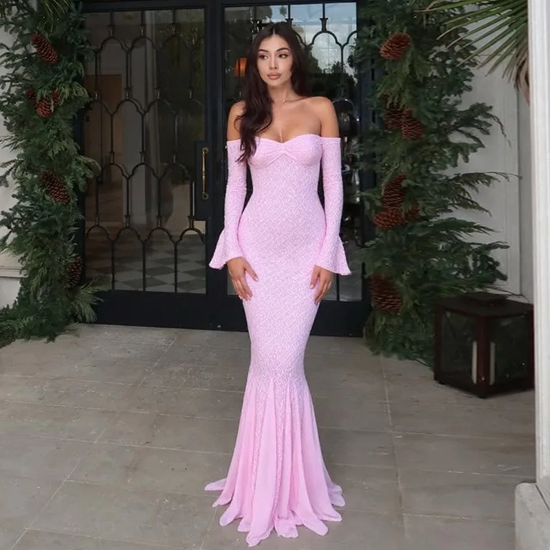 Women Elegant Lace Patchwork Mermaid Maxi Dress Sexy Slash Neck Off Shoulder Flare Sleeve Slim Bodycon Birthday Party Long Robe
Women Elegant Lace Patchwork Mermaid Maxi Dress Sexy Slash Neck Off Shoulder Flare Sleeve Slim Bodycon Birthday Party Long Robe