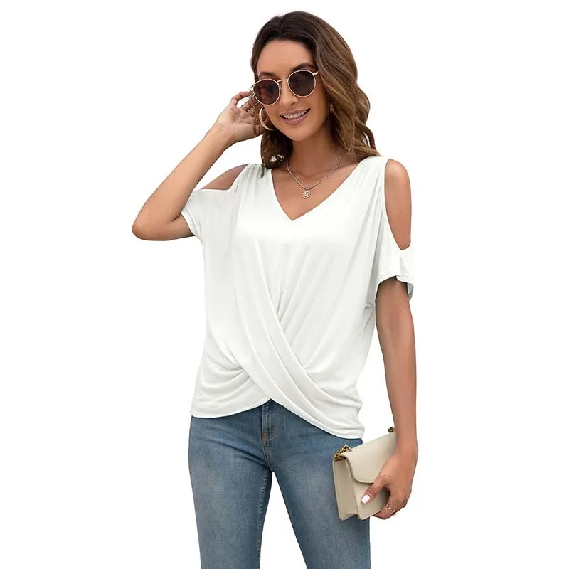 Womens Cold Shoulder Loose Tops Short Sleeve V Neck Blouse Solid Color Irregular Hem Shirts Summer Casual Fashion T-shirt Tee
Womens Cold Shoulder Loose Tops Short Sleeve V Neck Blouse Solid Color Irregular Hem Shirts Summer Casual Fashion T-shirt Tee