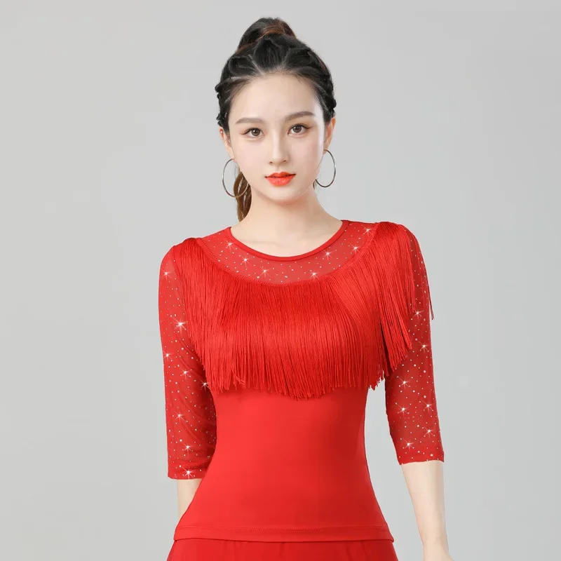 National standard suit training Latin costume new tassel seven-quarter sleeve dance square dance modern dance top
National standard suit training Latin costume new tassel seven-quarter sleeve dance square dance modern dance top