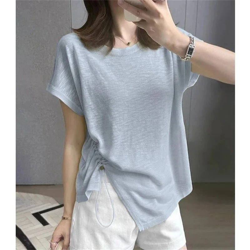 Women's Round Neck Snowflake Cotton T Shirt Korean Style Drawstring Irregular Loose Summer Top
Women's Round Neck Snowflake Cotton T Shirt Korean Style Drawstring Irregular Loose Summer Top