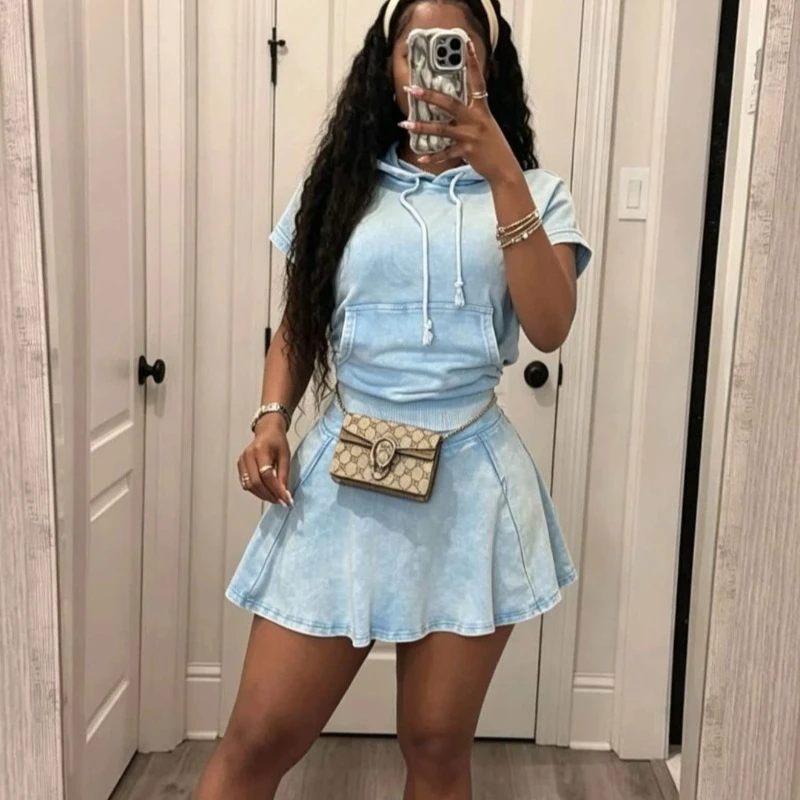 Solid Cotton Washed 2 Piece Set Women Fashion Pockets Short Sleeve Hooded Sweatshirts Tops + A-line Mini Skirts Casual Suits
Solid Cotton Washed 2 Piece Set Women Fashion Pockets Short Sleeve Hooded Sweatshirts Tops + A-line Mini Skirts Casual Suits