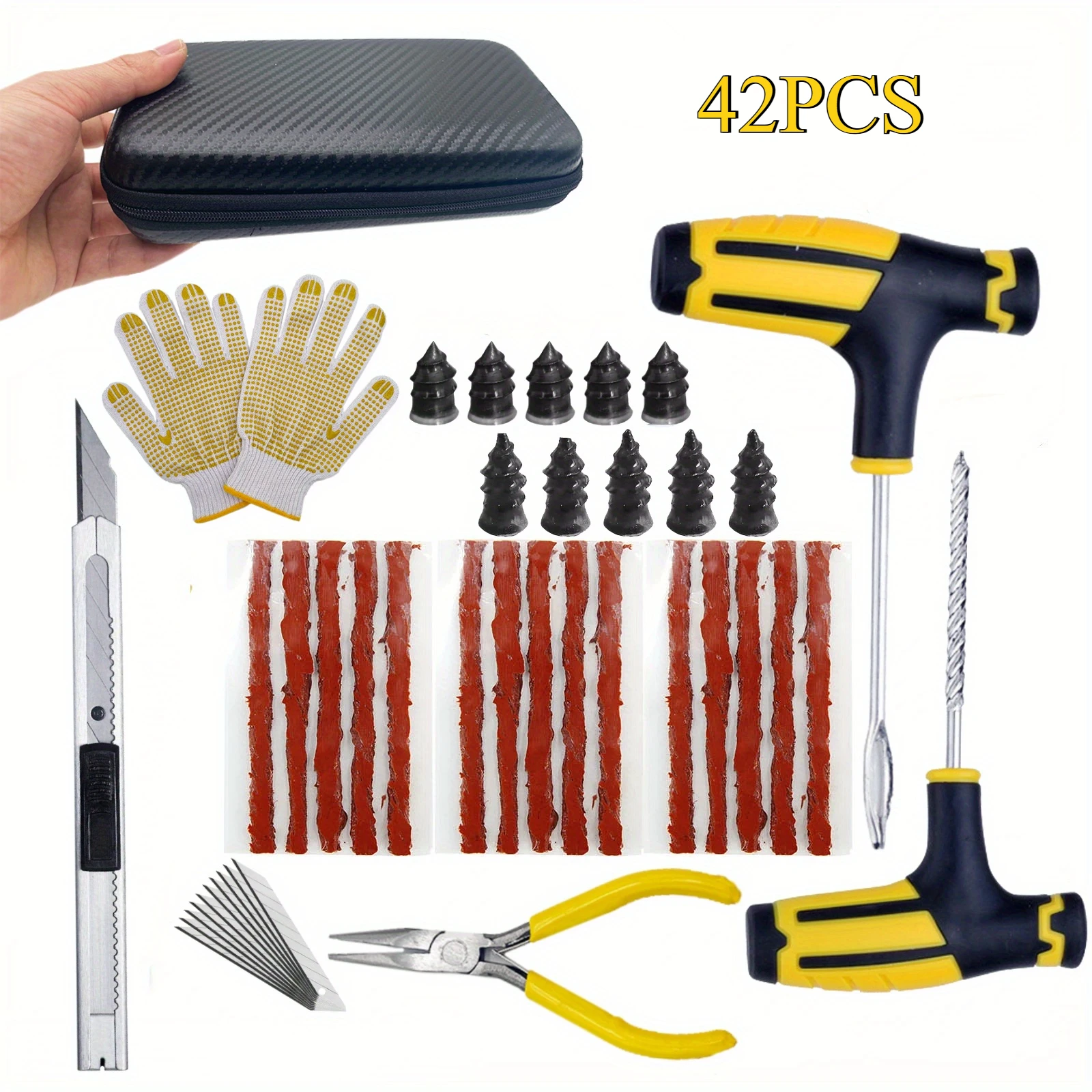 42pcs tire repair tool kit with storage box, easily repair tires, universal portable tools, suitable for tubeless cars
42pcs tire repair tool kit with storage box, easily repair tires, universal portable tools, suitable for tubeless cars