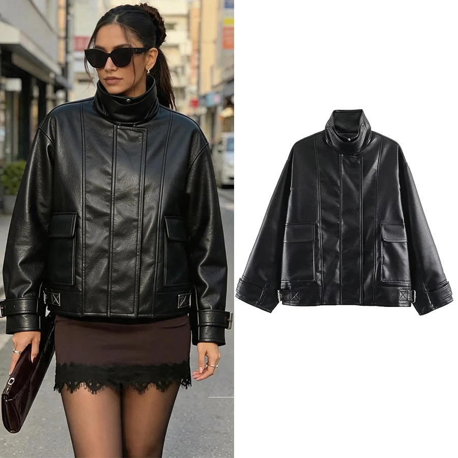 Women Faux Leather Black Jackets For Woman New Stand Collar Bomber Jacket Single-Breasted Long Sleeve Coats Loose Lady Jackets
Women Faux Leather Black Jackets For Woman New Stand Collar Bomber Jacket Single-Breasted Long Sleeve Coats Loose Lady Jackets
