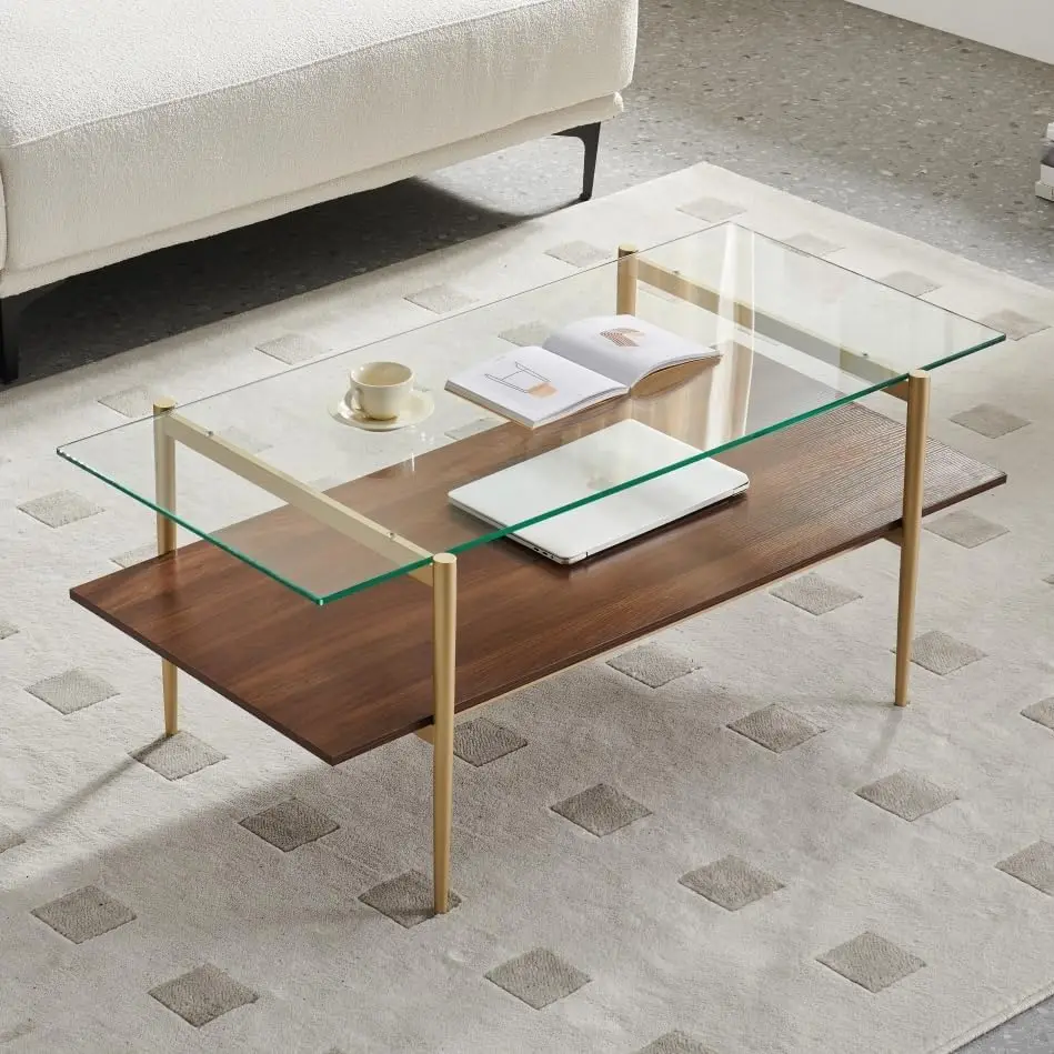 Glass Coffee Table, Double Layer Glass Coffee Table for Living Space, Gold Finish Frmae, Ultra-Clear Glass & Walnut Wood Top
Glass Coffee Table, Double Layer Glass Coffee Table for Living Space, Gold Finish Frmae, Ultra-Clear Glass & Walnut Wood Top
