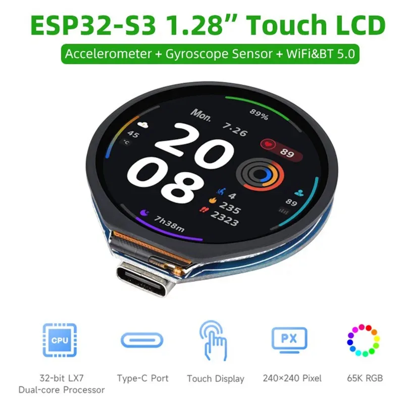 ESP32-S3 Development Board 1.28 Inch Touch Screen Round LCD Display with WiFi Bluetooth Accelerometer Gyroscope Sensor
ESP32-S3 Development Board 1.28 Inch Touch Screen Round LCD Display with WiFi Bluetooth Accelerometer Gyroscope Sensor